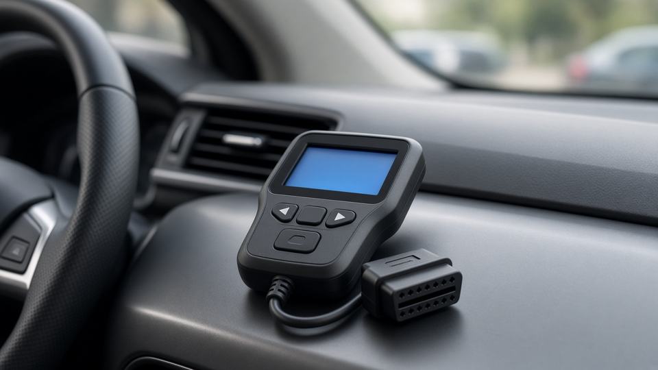 Illustration of a handheld OBD2 code reader resting on a car dashboard