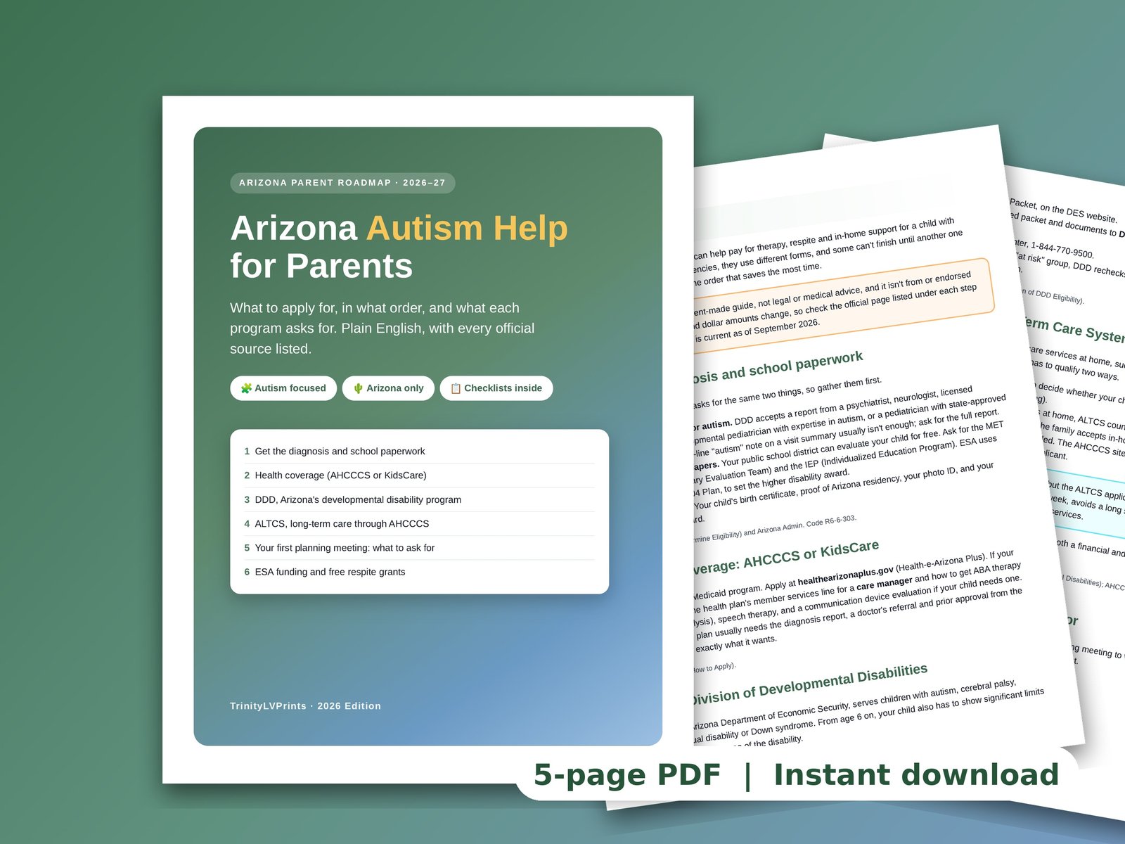 Cover of the Arizona Autism Help for Parents guide, a 5-page printable PDF in sage and blue.