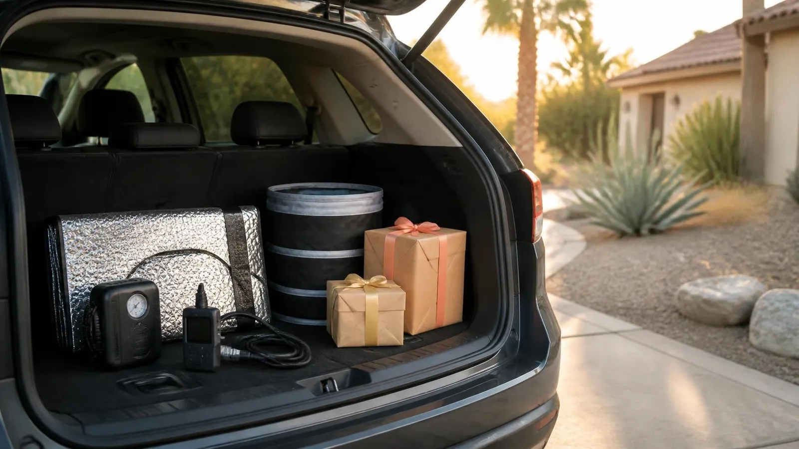 Open SUV hatch in a sunny Arizona driveway with a compact tire inflator, a handheld code reader, a folded windshield sun shade, a small trash bin and two wrapped gifts in the trunk