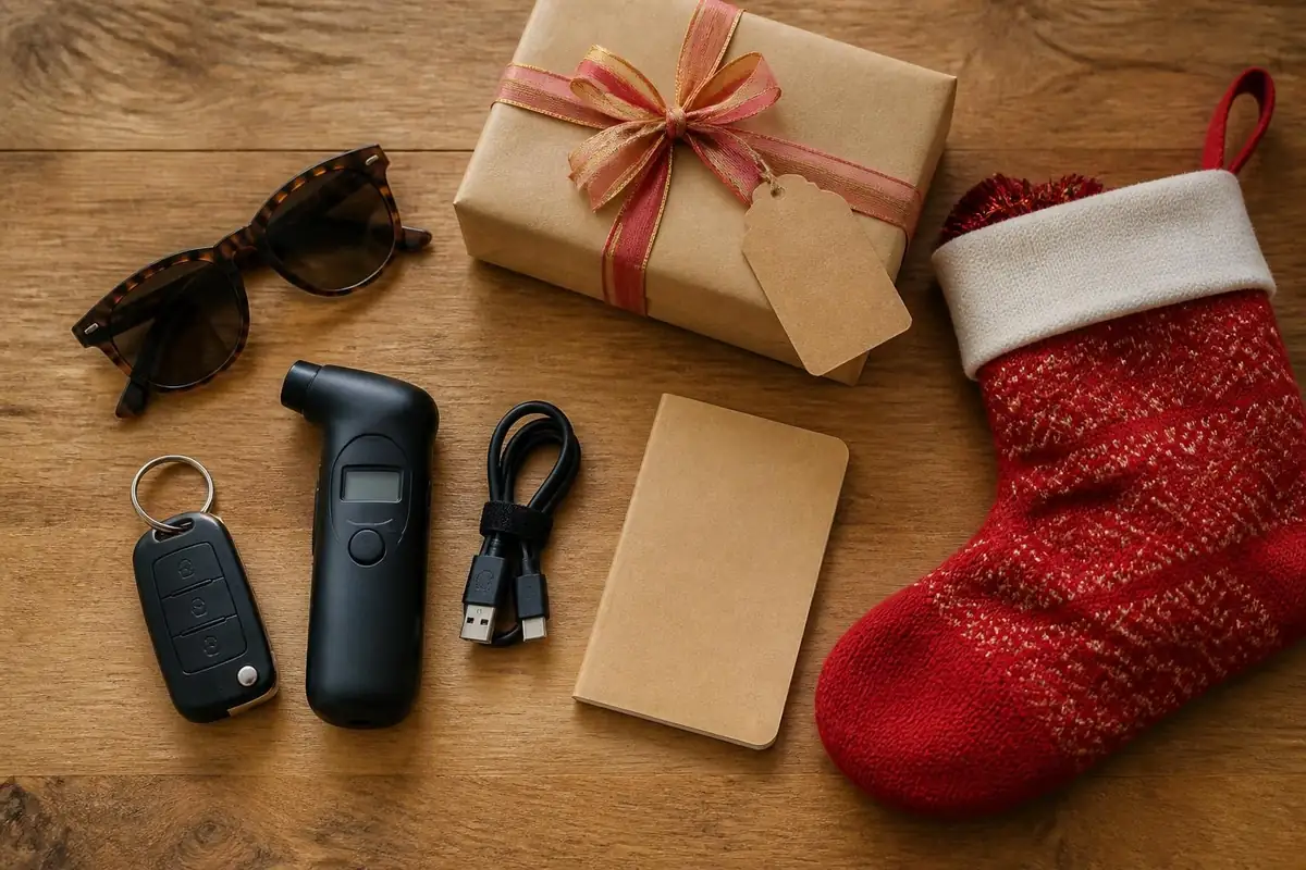 Flat lay of small car gifts on a wooden table: a car key fob, sunglasses, a handheld tire gauge, a charging cable, a notebook, a wrapped gift and a red stocking