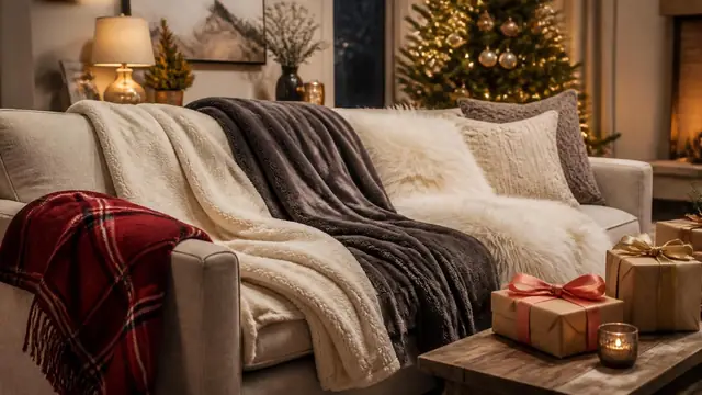 Lamp-lit living room with a sofa layered in cream sherpa, charcoal fleece, white faux fur and red plaid throws, a decorated tree behind it and wrapped gifts on the coffee table