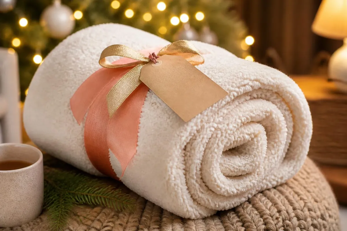 A cream sherpa throw rolled up and tied with coral and gold ribbon, with a blank kraft gift tag tucked into the ribbon