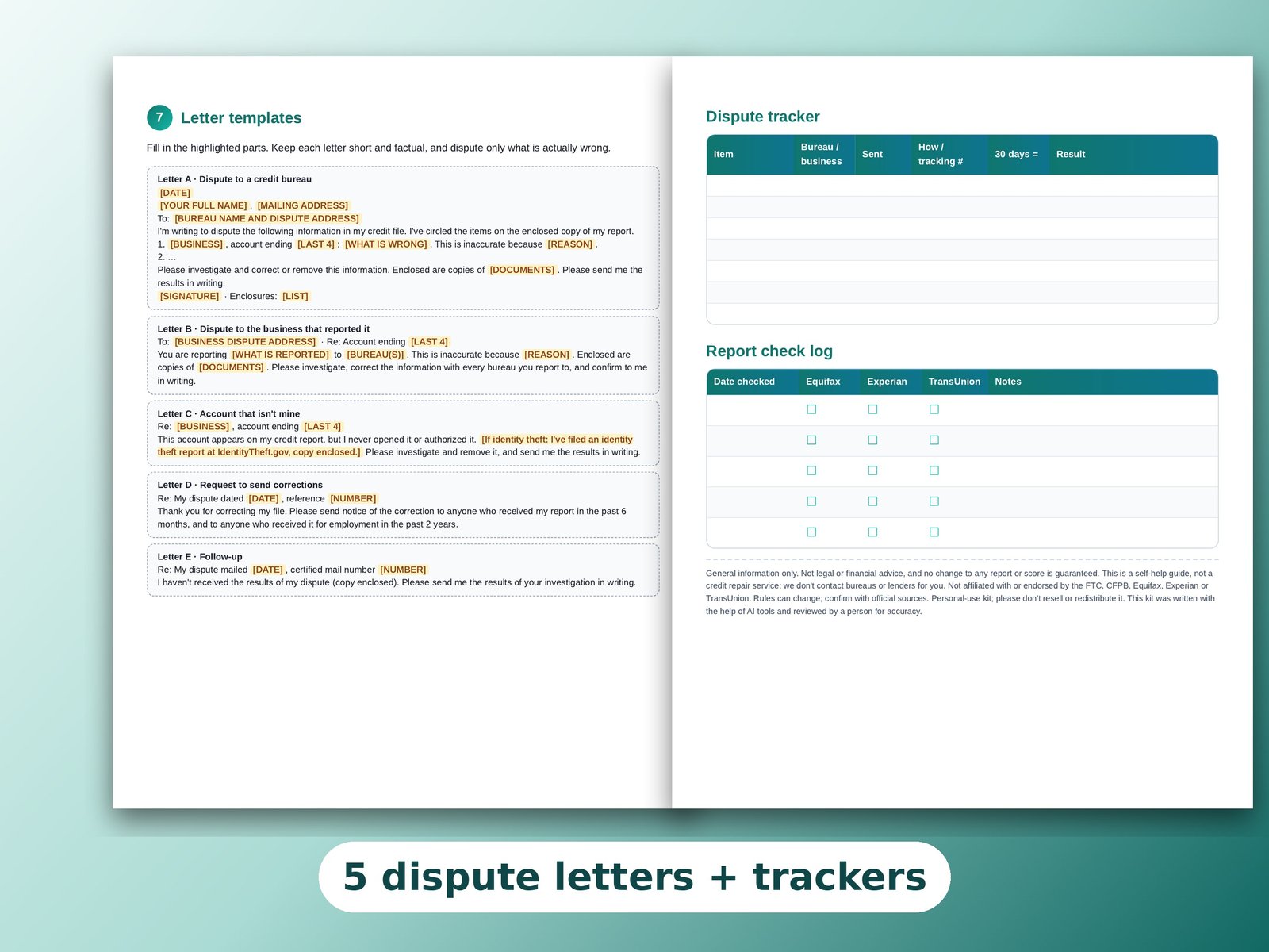 Inside pages showing dispute letter templates and a dispute tracker.