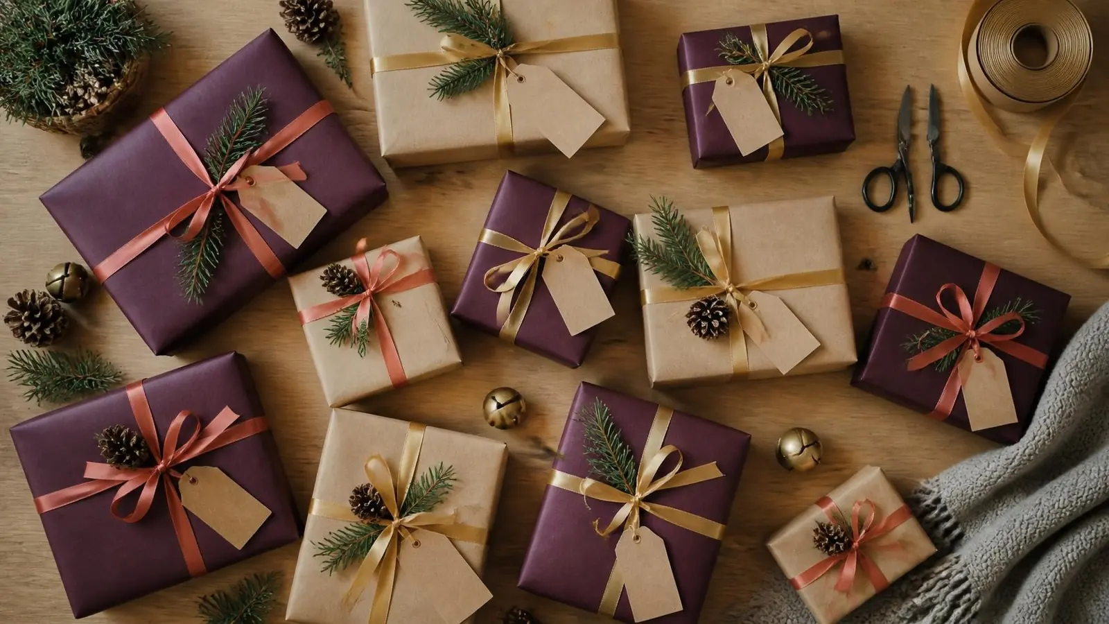 Overhead flat lay on a light wood table of gifts wrapped in kraft and plum paper with coral and gold ribbon, blank kraft tags, pine sprigs, pinecones, brass bells, scissors, a spool of gold ribbon and the corner of a grey knit throw