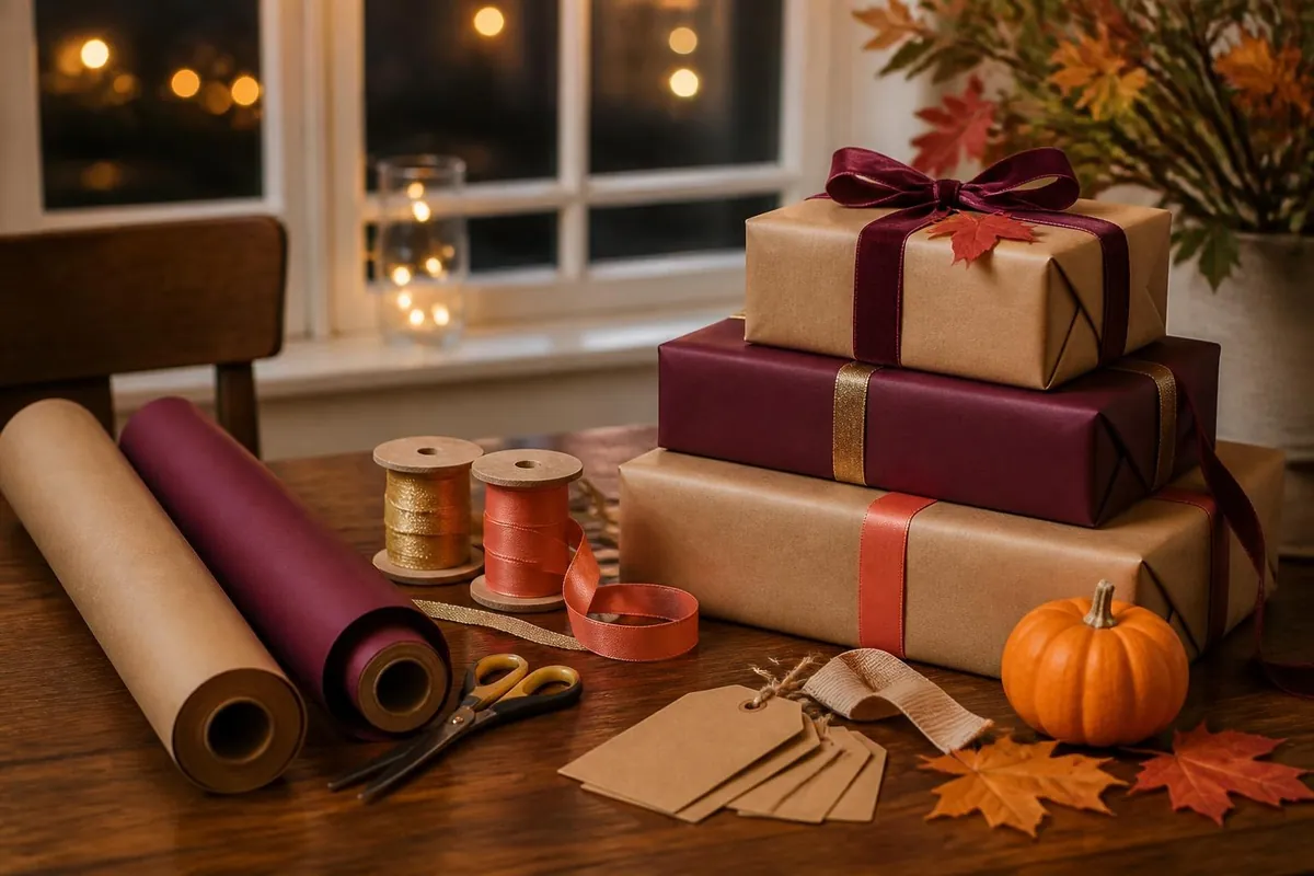Gift-wrapping table in the evening with rolls of kraft and plum paper, ribbon spools, stacked wrapped boxes, blank tags, a small pumpkin and autumn leaves