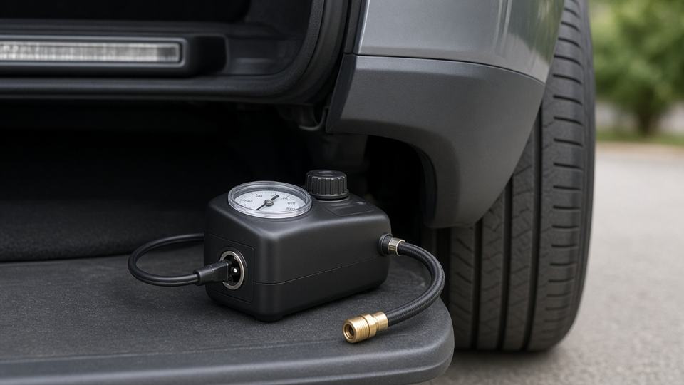Illustration of a compact 12V tire inflator on a car's rear bumper