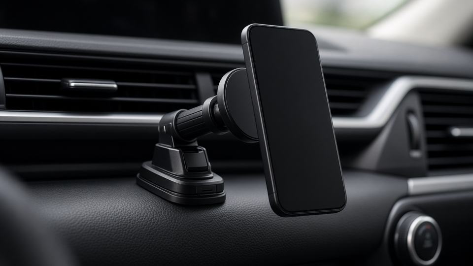 Illustration of a suction phone mount holding a phone on a car dashboard