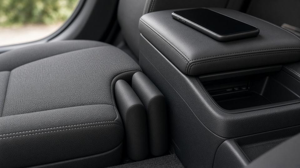 Illustration of a seat gap filler between a car seat and the center console